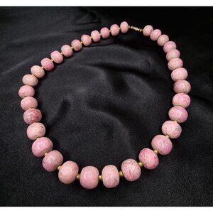 Vintage Pink Rhodonite Beaded Necklace With Brass Accents